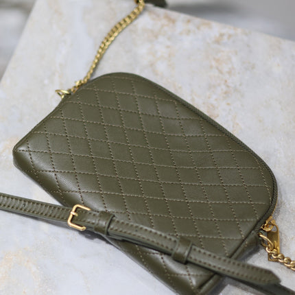 GABY ZIPPED POUCH 19 IN UNIFORM GREEN QUILTED LAMBSKIN GOLD HARDWARE
