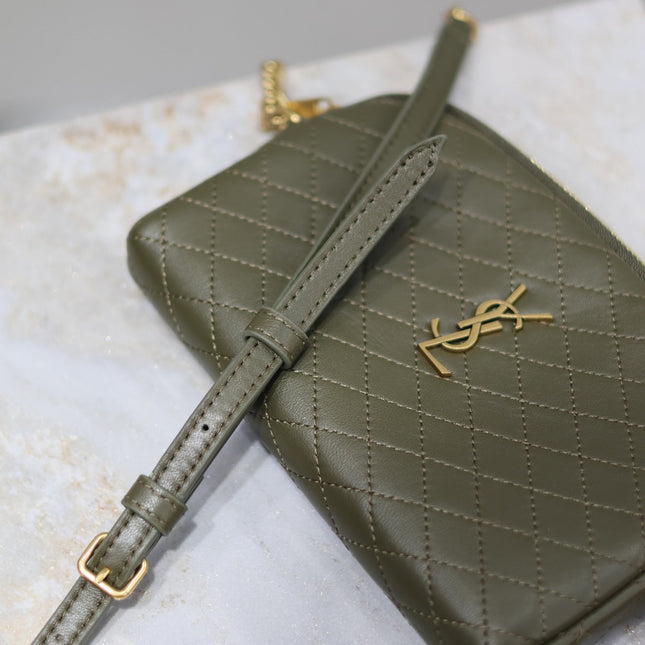 GABY ZIPPED POUCH 19 IN UNIFORM GREEN QUILTED LAMBSKIN GOLD HARDWARE