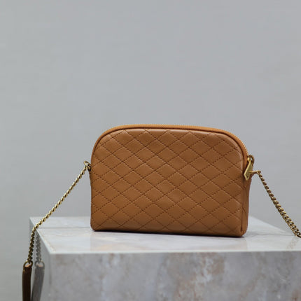 GABY ZIPPED POUCH 19 IN CARAMEL BROWN QUILTED LAMBSKIN GOLD HARDWARE