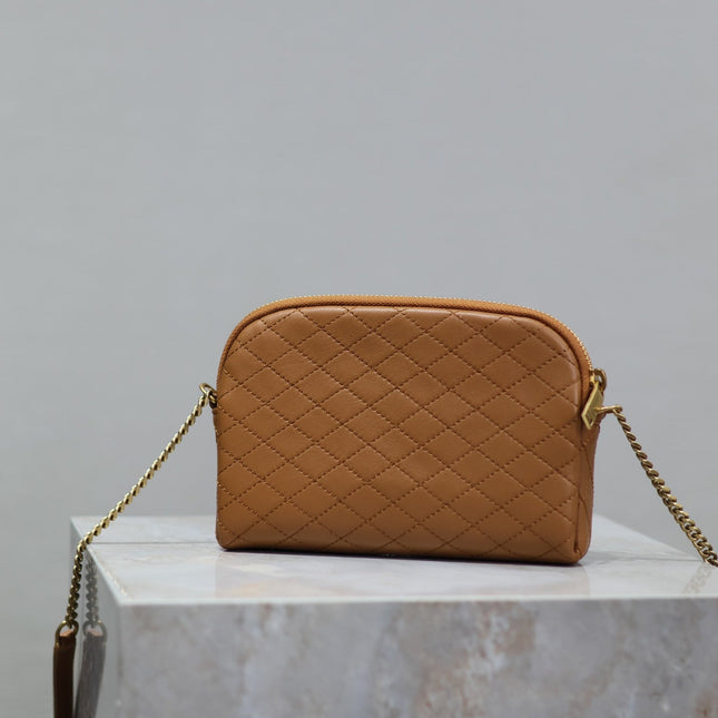 GABY ZIPPED POUCH 19 IN CARAMEL BROWN QUILTED LAMBSKIN GOLD HARDWARE