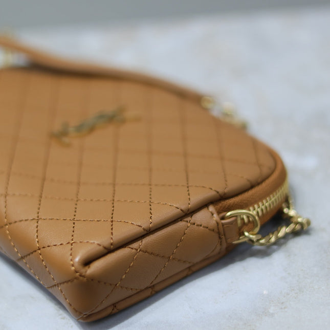 GABY ZIPPED POUCH 19 IN CARAMEL BROWN QUILTED LAMBSKIN GOLD HARDWARE