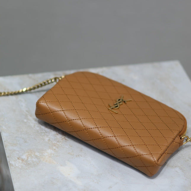GABY ZIPPED POUCH 19 IN CARAMEL BROWN QUILTED LAMBSKIN GOLD HARDWARE
