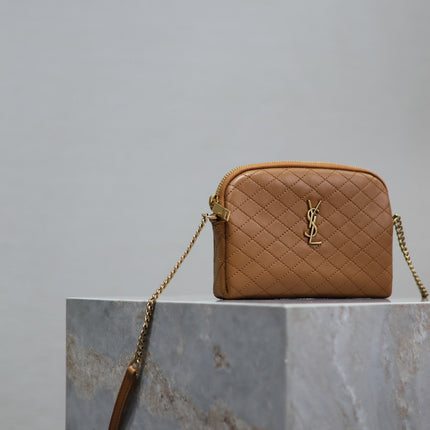 GABY ZIPPED POUCH 19 IN CARAMEL BROWN QUILTED LAMBSKIN GOLD HARDWARE