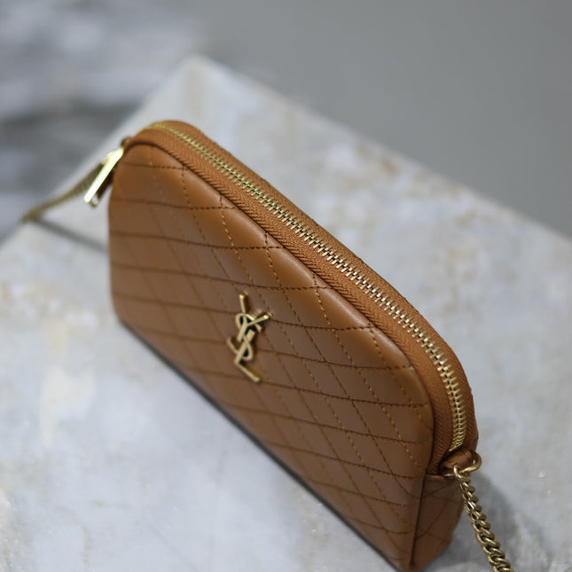 GABY ZIPPED POUCH 19 IN CARAMEL BROWN QUILTED LAMBSKIN GOLD HARDWARE