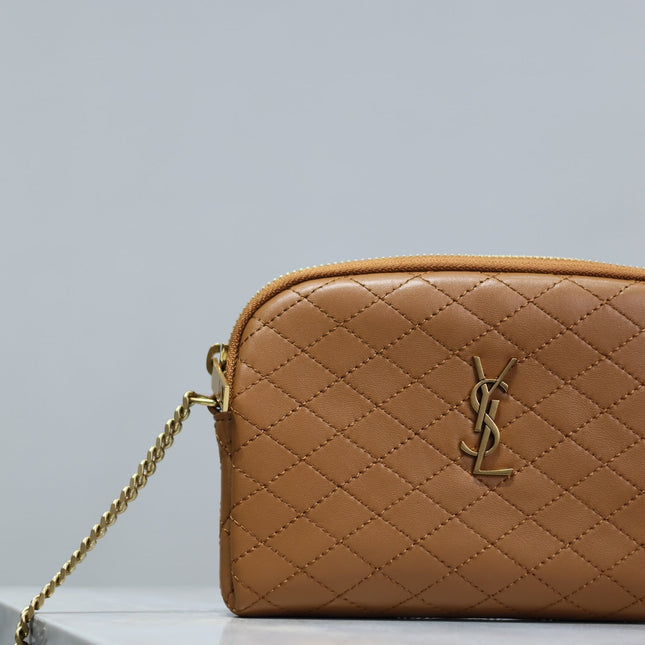 GABY ZIPPED POUCH 19 IN CARAMEL BROWN QUILTED LAMBSKIN GOLD HARDWARE