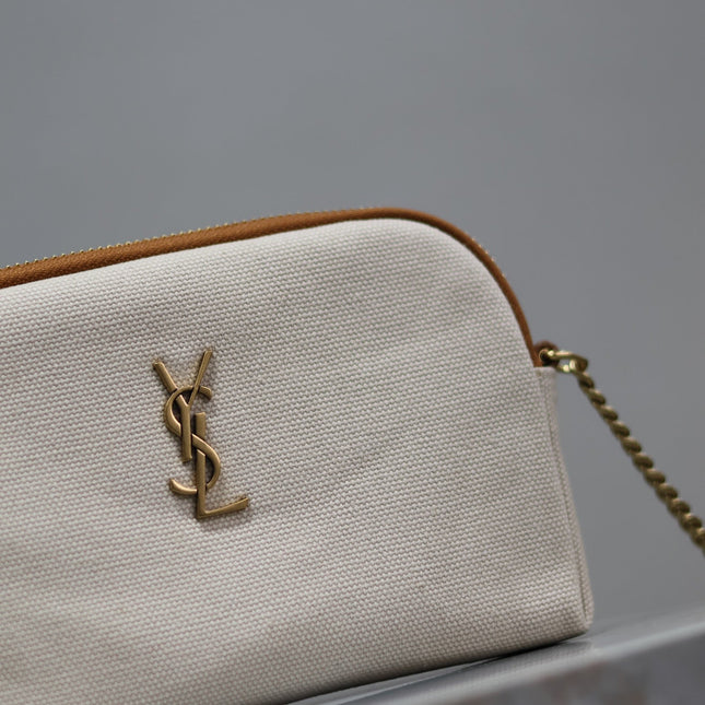 GABY ZIPPED POUCH 19 IN WHITE MIX BROWN COTTON GOLD HARDWARE