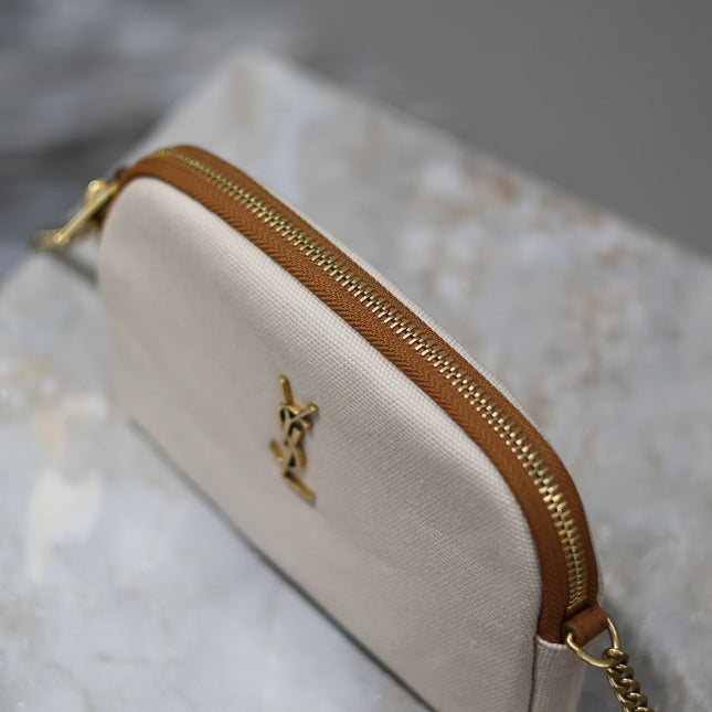 GABY ZIPPED POUCH 19 IN WHITE MIX BROWN COTTON GOLD HARDWARE