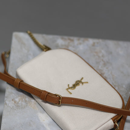 GABY ZIPPED POUCH 19 IN WHITE MIX BROWN COTTON GOLD HARDWARE