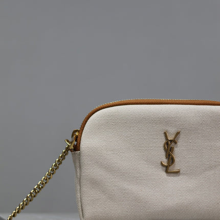 GABY ZIPPED POUCH 19 IN WHITE MIX BROWN COTTON GOLD HARDWARE