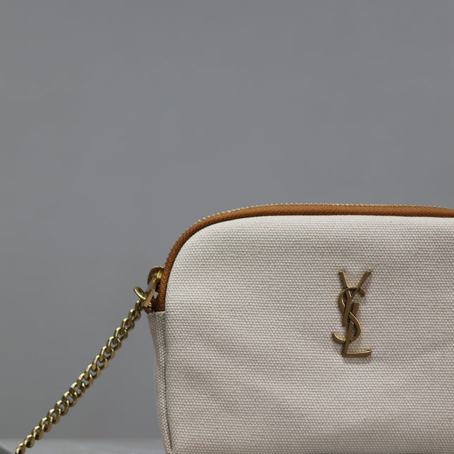GABY ZIPPED POUCH 19 IN WHITE MIX BROWN COTTON GOLD HARDWARE
