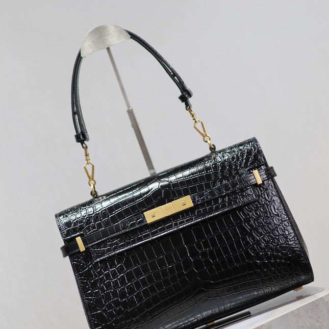 MANHATTAN HANDBAG 32 IN BLACK CROCODILE-EMBOSSED CALFSKIN GOLD HARDWARE