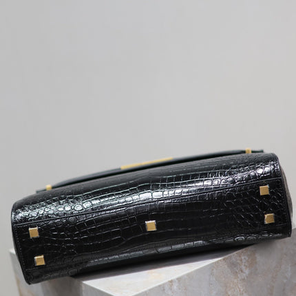 MANHATTAN HANDBAG 32 IN BLACK CROCODILE-EMBOSSED CALFSKIN GOLD HARDWARE