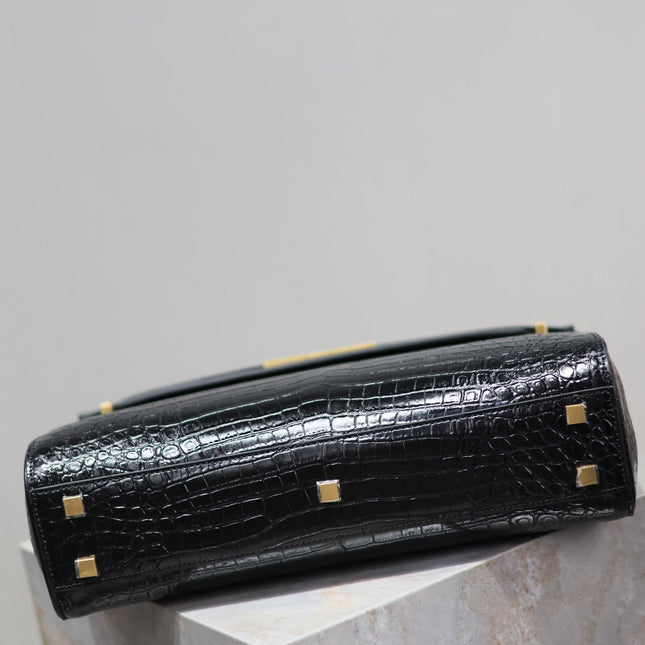MANHATTAN HANDBAG 32 IN BLACK CROCODILE-EMBOSSED CALFSKIN GOLD HARDWARE