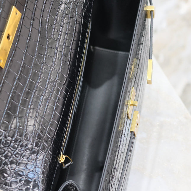 MANHATTAN HANDBAG 32 IN BLACK CROCODILE-EMBOSSED CALFSKIN GOLD HARDWARE