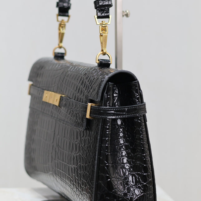 MANHATTAN HANDBAG 32 IN BLACK CROCODILE-EMBOSSED CALFSKIN GOLD HARDWARE