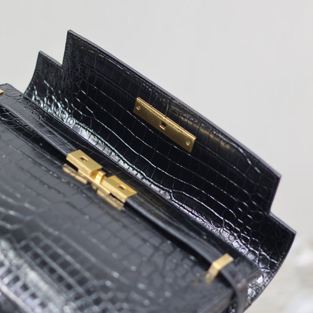 MANHATTAN HANDBAG 32 IN BLACK CROCODILE-EMBOSSED CALFSKIN GOLD HARDWARE