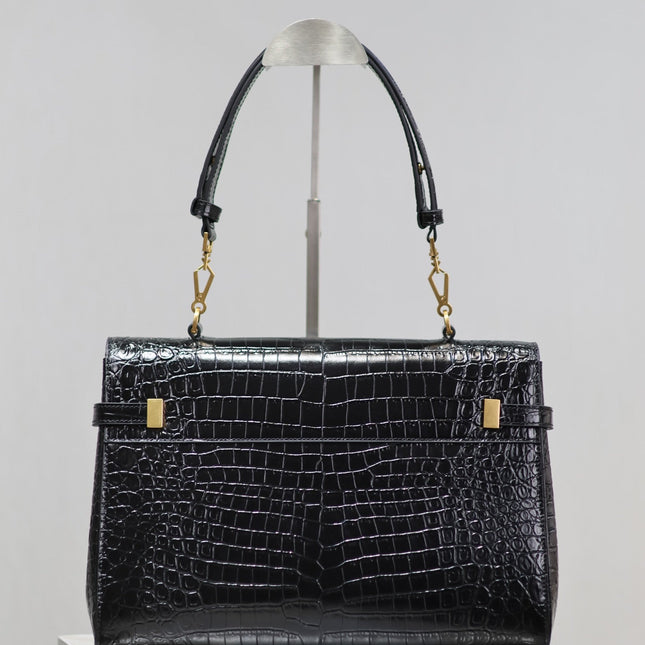 MANHATTAN HANDBAG 32 IN BLACK CROCODILE-EMBOSSED CALFSKIN GOLD HARDWARE