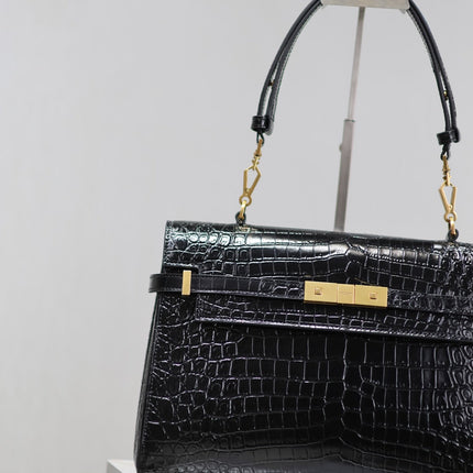 MANHATTAN HANDBAG 32 IN BLACK CROCODILE-EMBOSSED CALFSKIN GOLD HARDWARE