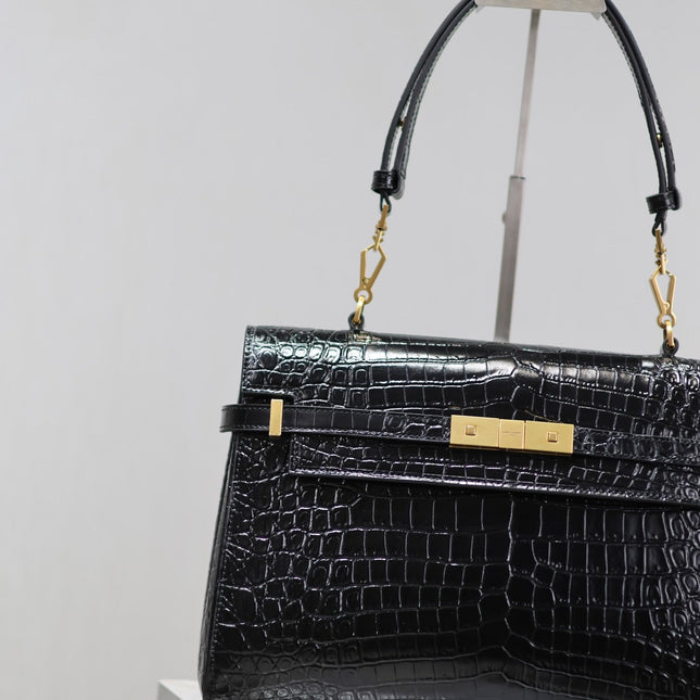 MANHATTAN HANDBAG 32 IN BLACK CROCODILE-EMBOSSED CALFSKIN GOLD HARDWARE