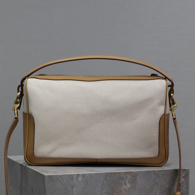 CAMERA SUPPLE BAG 28 IN WHITE CANVAS AND BROWN CALFSKIN TRIM