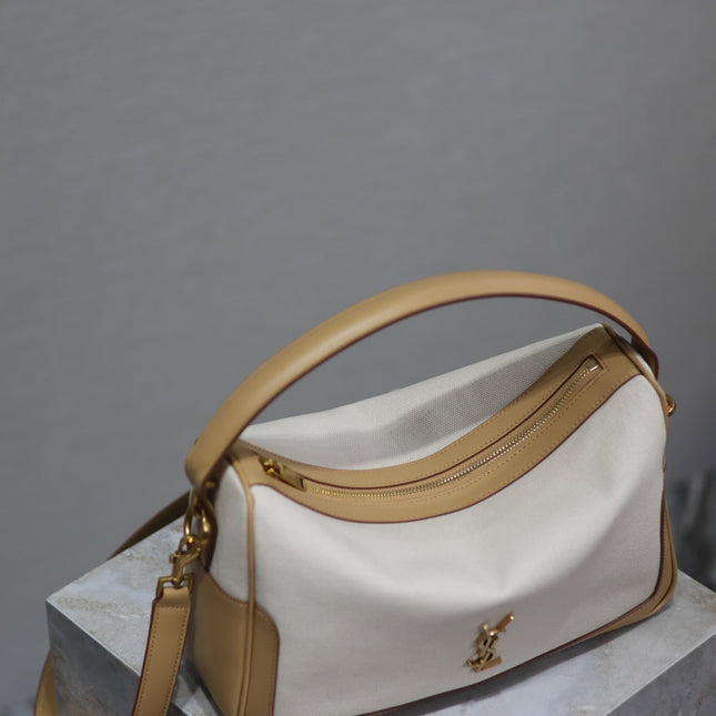 CAMERA SUPPLE BAG 28 IN WHITE CANVAS AND BROWN CALFSKIN TRIM