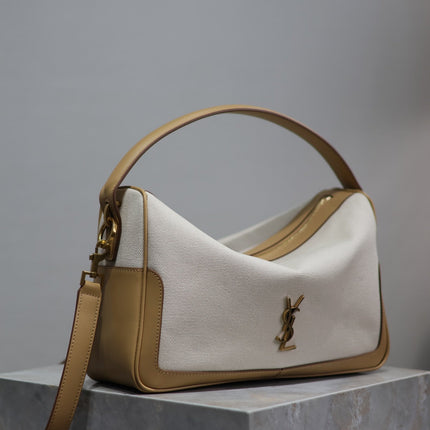 CAMERA SUPPLE BAG 28 IN WHITE CANVAS AND BROWN CALFSKIN TRIM