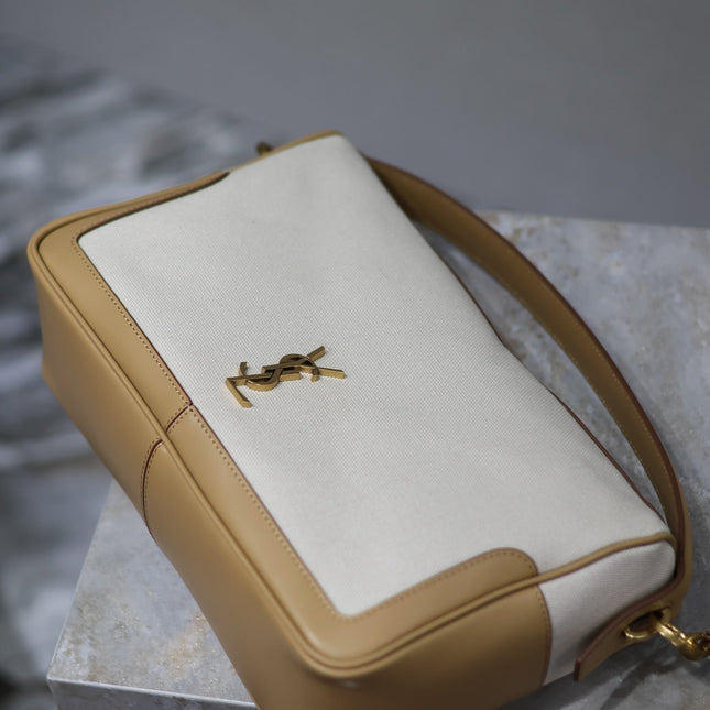 CAMERA SUPPLE BAG 28 IN WHITE CANVAS AND BROWN CALFSKIN TRIM