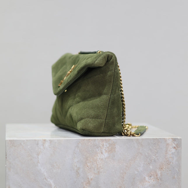 PUFFER TOY 23 IN PICKLE GREEN SUEDE GOLD HARDWARE