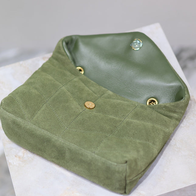 PUFFER TOY 23 IN PICKLE GREEN SUEDE GOLD HARDWARE