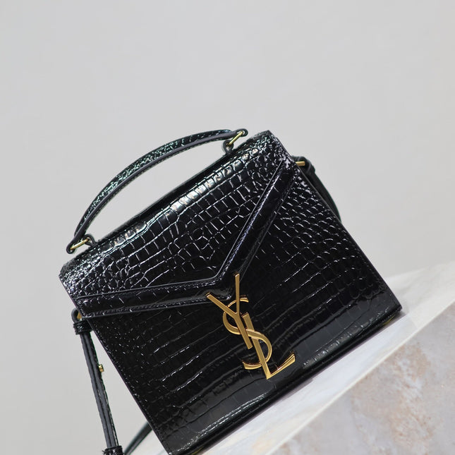 CASSANDRA MINI TOP HANDLE BAG 20 IN BLACK CROCODILE-EMBOSSED GLOSSY CALFSKIN