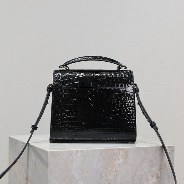 CASSANDRA MINI TOP HANDLE BAG 20 IN BLACK CROCODILE-EMBOSSED GLOSSY CALFSKIN