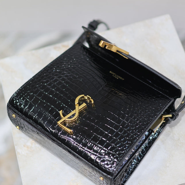 CASSANDRA MINI TOP HANDLE BAG 20 IN BLACK CROCODILE-EMBOSSED GLOSSY CALFSKIN