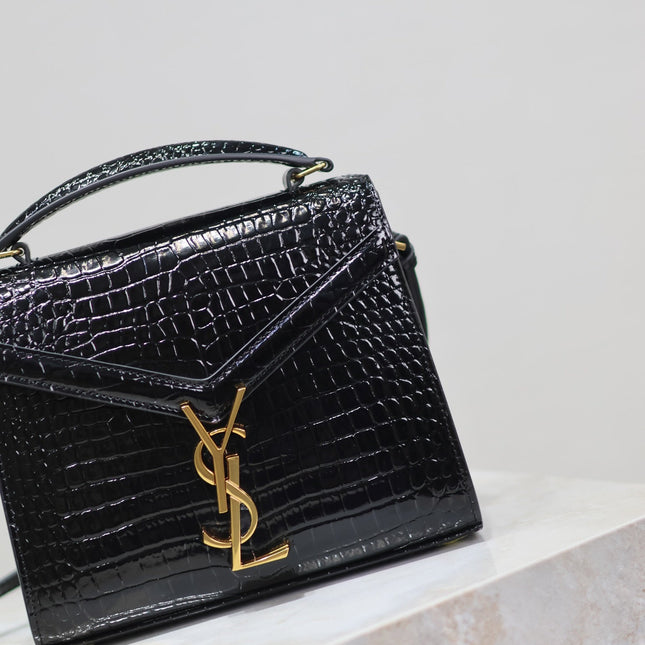 CASSANDRA MINI TOP HANDLE BAG 20 IN BLACK CROCODILE-EMBOSSED GLOSSY CALFSKIN