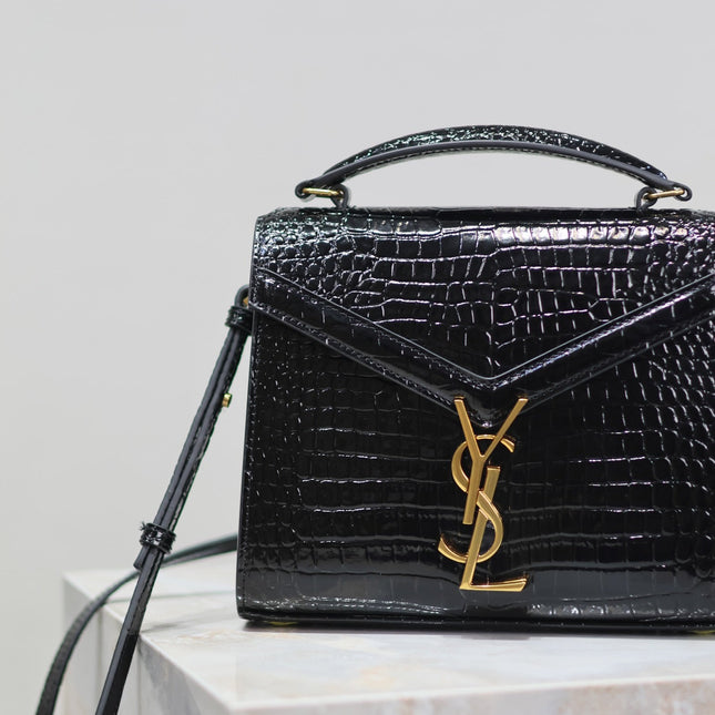 CASSANDRA MINI TOP HANDLE BAG 20 IN BLACK CROCODILE-EMBOSSED GLOSSY CALFSKIN
