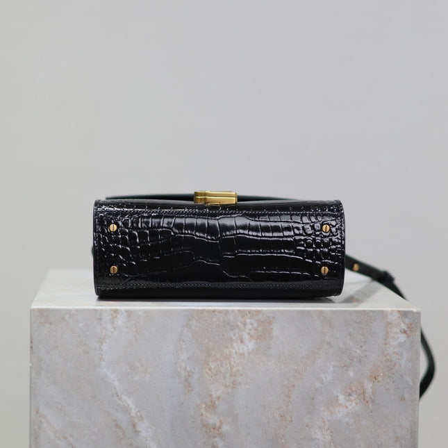 CASSANDRA MINI TOP HANDLE BAG 20 IN BLACK CROCODILE-EMBOSSED GLOSSY CALFSKIN