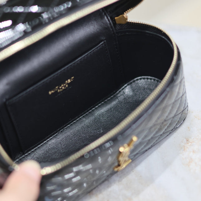 GABY MINI VANITY 18 IN BLACK GLOSSY LAMBSKIN GOLD HARDWARE