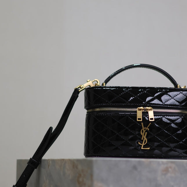 GABY MINI VANITY 18 IN BLACK GLOSSY LAMBSKIN GOLD HARDWARE