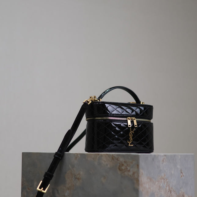GABY MINI VANITY 18 IN BLACK GLOSSY LAMBSKIN GOLD HARDWARE