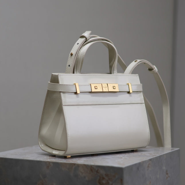 MANHATTAN SMALL TOP HANDLE BAG 21 IN WHITE CALFSKIN GOLD HARDWARE