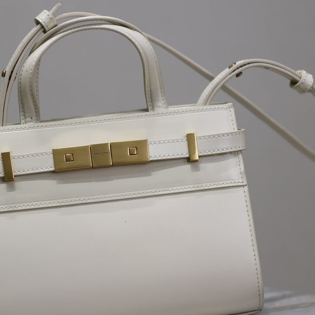 MANHATTAN SMALL TOP HANDLE BAG 21 IN WHITE CALFSKIN GOLD HARDWARE