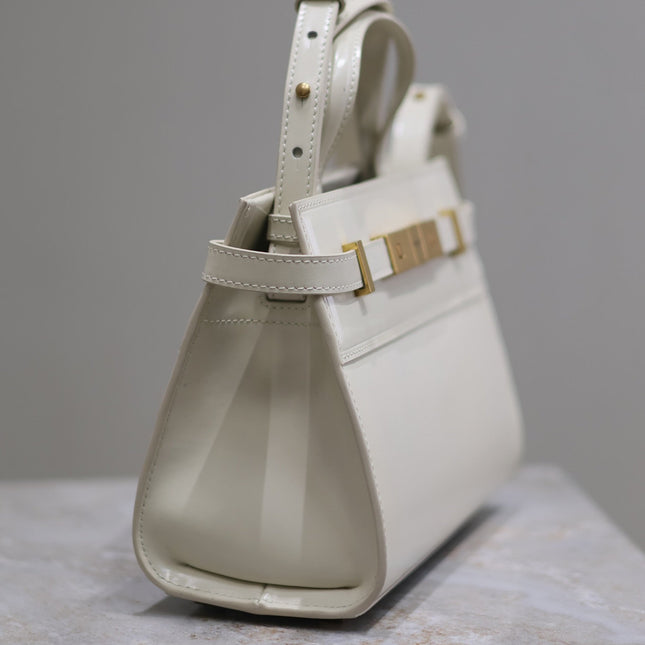 MANHATTAN SMALL TOP HANDLE BAG 21 IN WHITE CALFSKIN GOLD HARDWARE