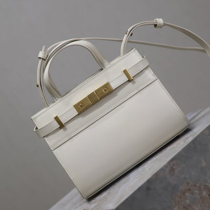MANHATTAN SMALL TOP HANDLE BAG 21 IN WHITE CALFSKIN GOLD HARDWARE