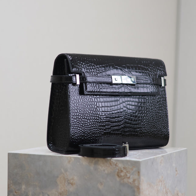 MANHATTAN MEDIUM 29 IN BLACK CROCODILE-EMBOSSED CALFSKIN SILVER BUCKLE