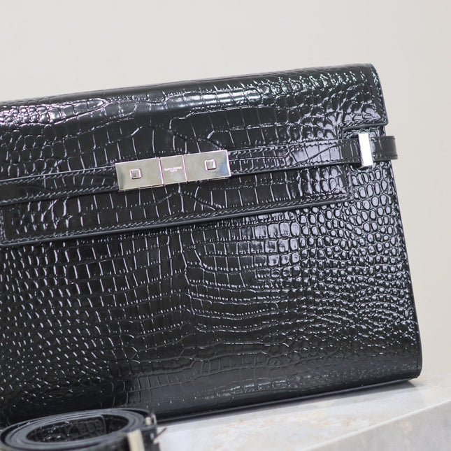 MANHATTAN MEDIUM 29 IN BLACK CROCODILE-EMBOSSED CALFSKIN SILVER BUCKLE