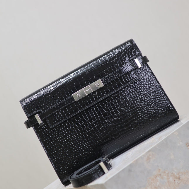 MANHATTAN MEDIUM 29 IN BLACK CROCODILE-EMBOSSED CALFSKIN SILVER BUCKLE