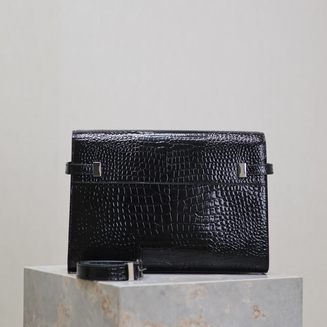 MANHATTAN MEDIUM 29 IN BLACK CROCODILE-EMBOSSED CALFSKIN SILVER BUCKLE