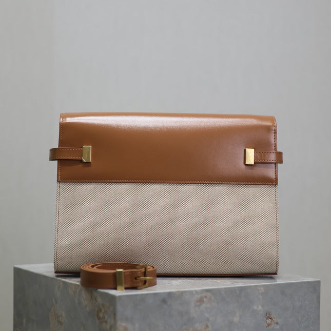 MANHATTAN MEDIUM 29 IN WHITE CANVAS AND BROWN CALFSKIN GOLD BUCKLE