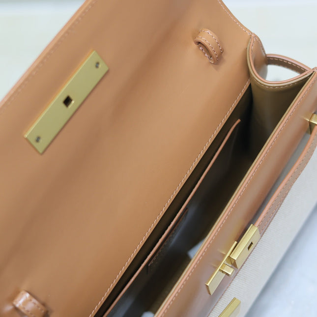 MANHATTAN MEDIUM 29 IN WHITE CANVAS AND BROWN CALFSKIN GOLD BUCKLE