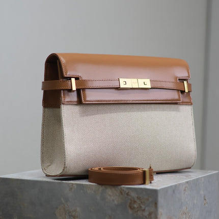 MANHATTAN MEDIUM 29 IN WHITE CANVAS AND BROWN CALFSKIN GOLD BUCKLE