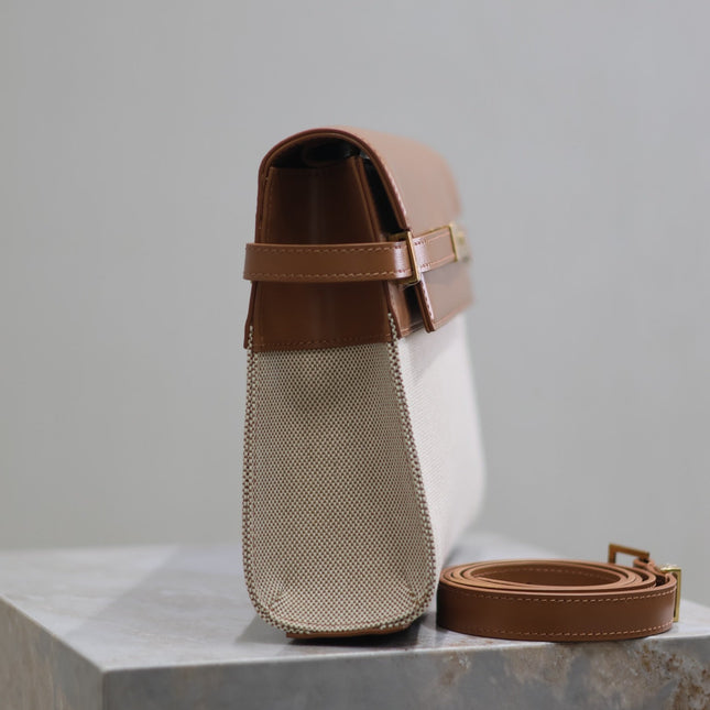 MANHATTAN MEDIUM 29 IN WHITE CANVAS AND BROWN CALFSKIN GOLD BUCKLE